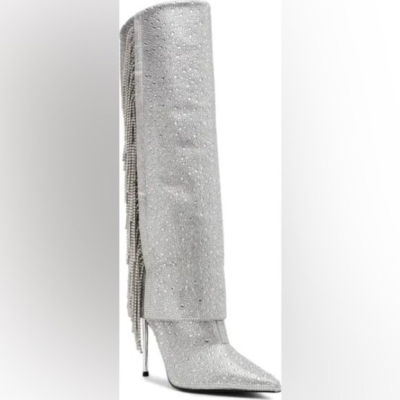 Steve Madden Silver Women's Boots Sanya Rhinestone Fringe Knee High Boot 6M NWOT - Picture 2 of 13